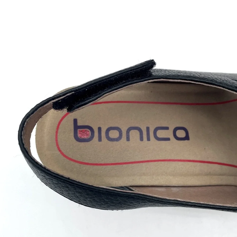 Bionica Balance Black Leather Wedge Sandals Womens 7.5M Comfort Lace Up Boho